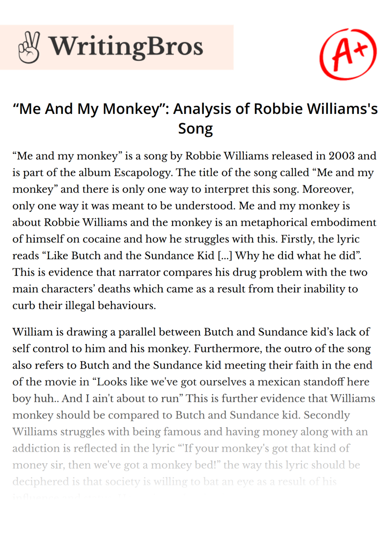 “Me And My Monkey”: Analysis of Robbie Williams's Song essay