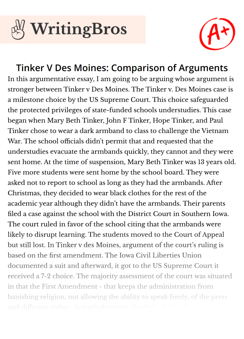 Tinker V Des Moines: Comparison of Arguments essay