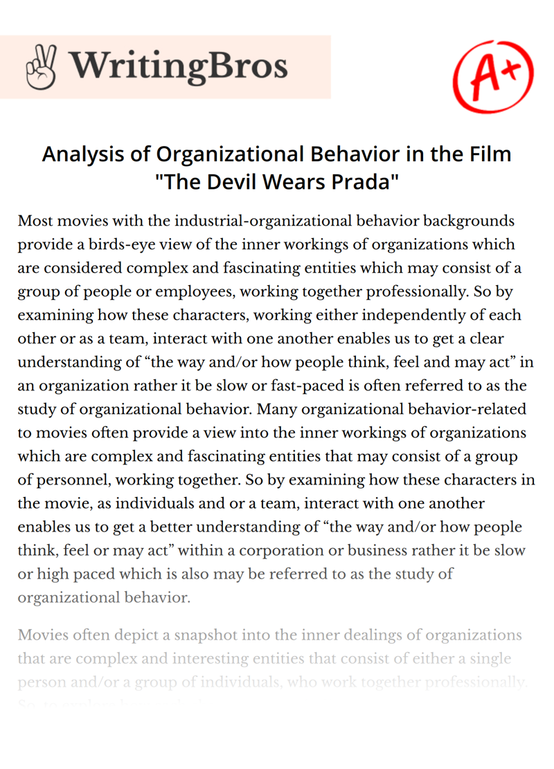 Analysis of Organizational Behavior in the Film "The Devil Wears Prada" essay