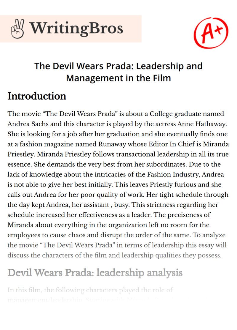 The Devil Wears Prada: Leadership and Management in the Film essay