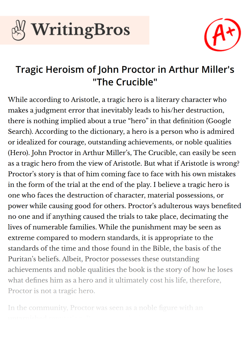 Tragic Heroism of John Proctor in Arthur Miller's "The Crucible" essay