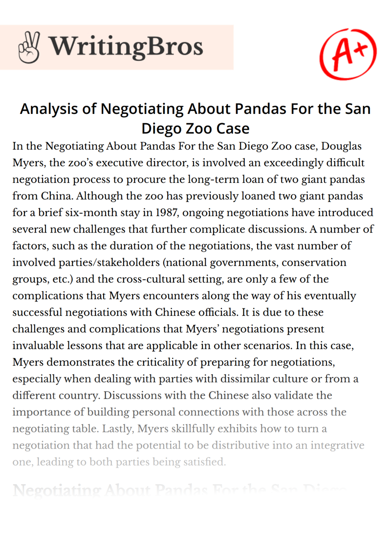 Analysis of Negotiating About Pandas For the San Diego Zoo Case essay