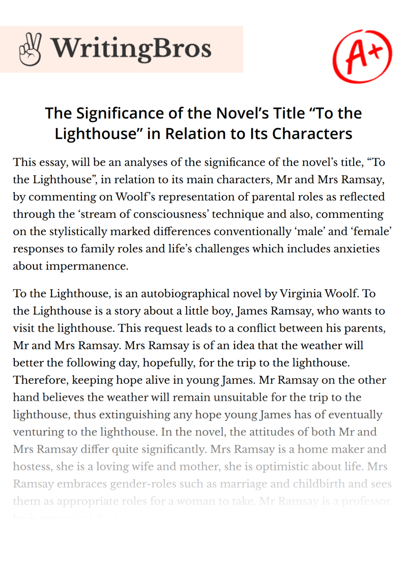 The Significance of the Novel’s Title “To the Lighthouse” in Relation to Its Characters essay
